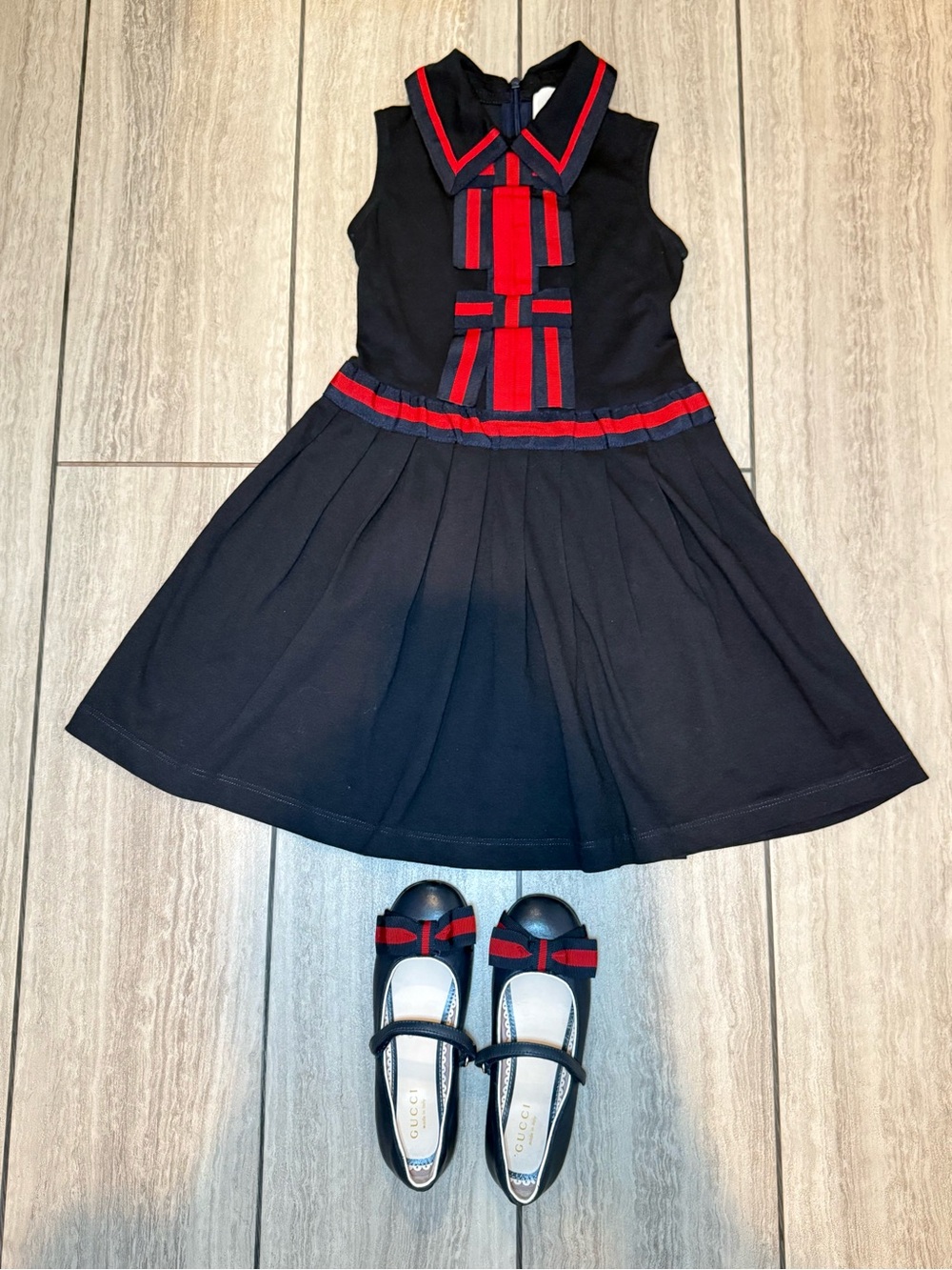 Gucci Kids Navy Dress with Red Ribbon Trim and Navy Ballet Flats Shoes for Girls
